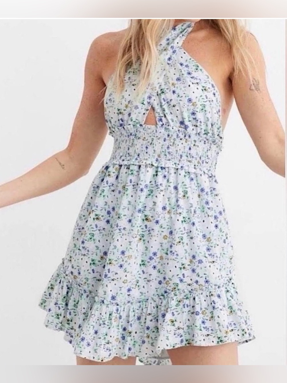 aerie Blue Floral Halter 2-way Mini Dress M